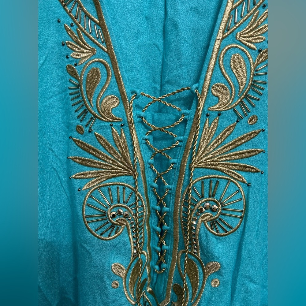 Lilly Pulitzer Chai Caftan in Seaside Aqua with gold embroidery women’s size XXS - Picture 3 of 7